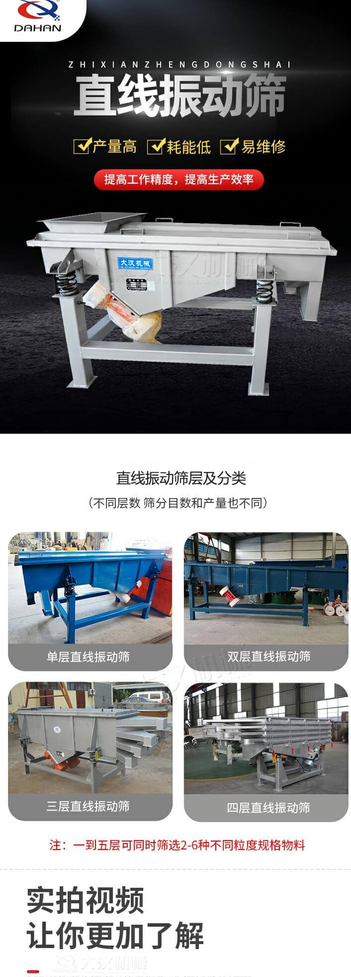 直線振動篩概述，產量高，耗能低，易維修，提高工作精度，提高生產效率，直線振動篩層級分類：不同層數，篩分目數和產量也不同：單層，雙層，三層，四層等。