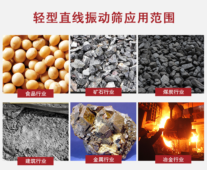 輕型直線振動篩應用范圍較廣多使用與顆粒狀，粉狀以及其它重型行業的輸送。